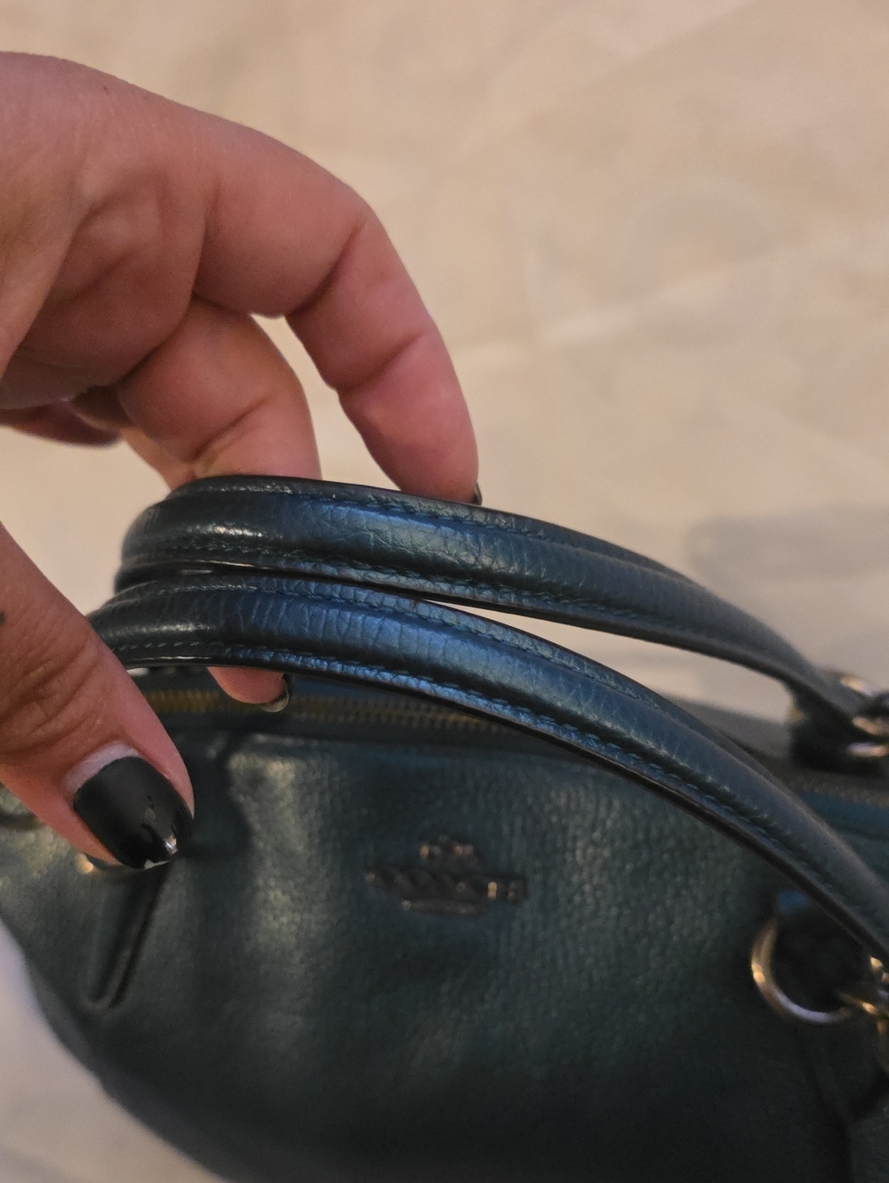 Coach Mini Kelsey Satchel in a metallic dark blue pebbled leather. - Picture 6 of 10